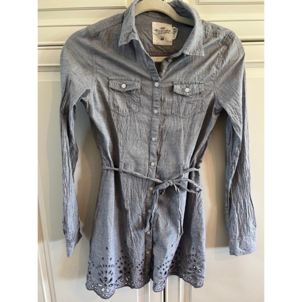 H&M LOGG Top Shirt Youth Girls Size 14  Blue Collared‎ Button Up Tunic Tie Waist